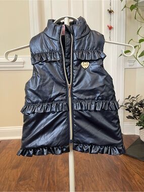Juicy Couture Faux Leather Puffer Vest with Ruffled Detailing – Blue, Size 3T